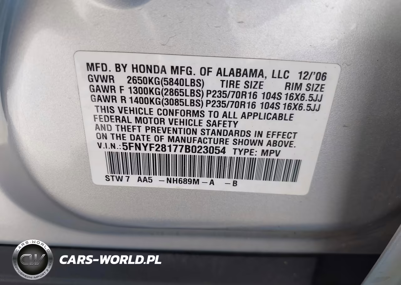 2007 Honda Pilot Lx VIN:5FNYF28177B023054 - 9