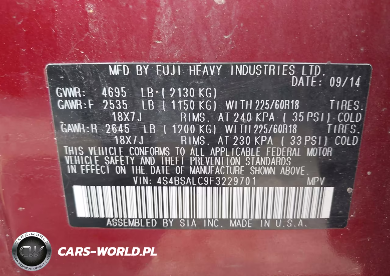 2015 Subaru Outback 2.5I Limited VIN:4S4BSALC9F3229701 - 9