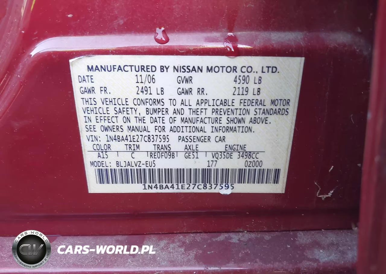 2007 Nissan Maxima 3.5 Se VIN:1N4BA41E27C837595 - 9