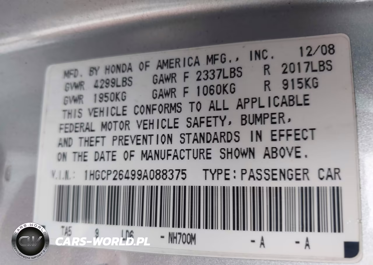 2009 Honda Accord 2.4 Lx-P VIN:1HGCP26499A088375 - 9