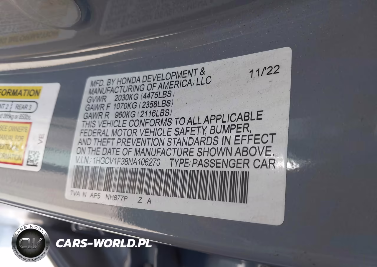 2022 Honda Accord Sport VIN:1HGCV1F38NA106270 - 9