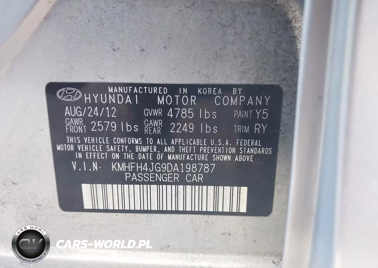 2013 Hyundai Azera VIN:KMHFH4JG9DA198787 - 9