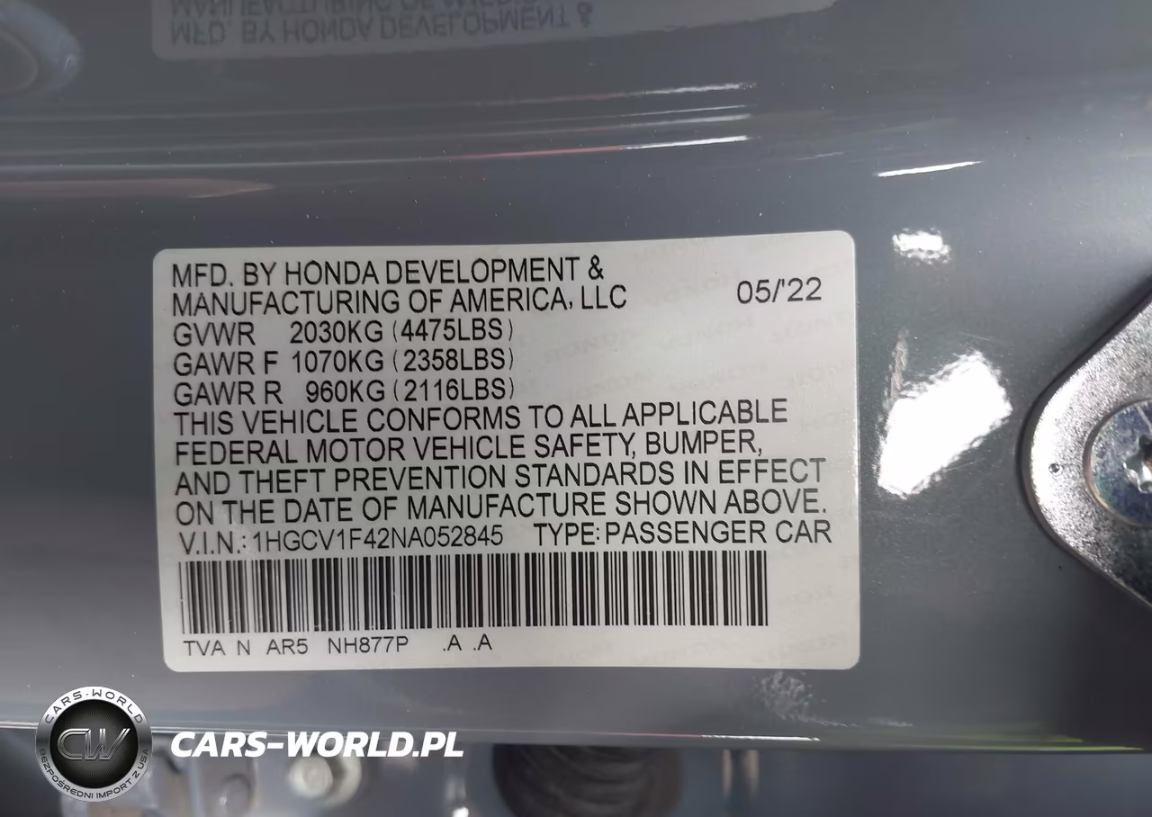 2022 Honda Accord Sport Se VIN:1HGCV1F42NA052845 - 9
