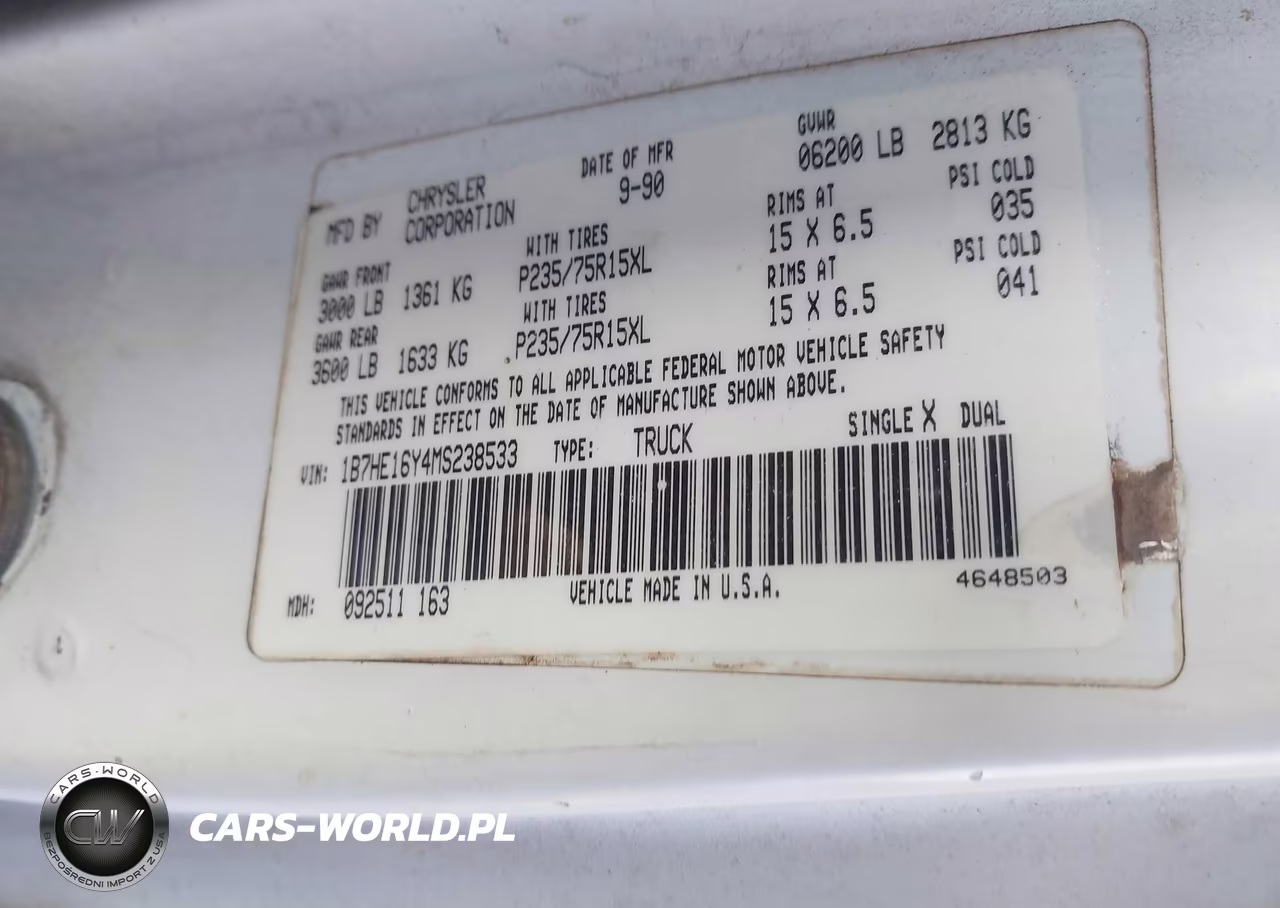 1991 Dodge D-Series D150 VIN:1B7HE16Y4MS238533 - 9