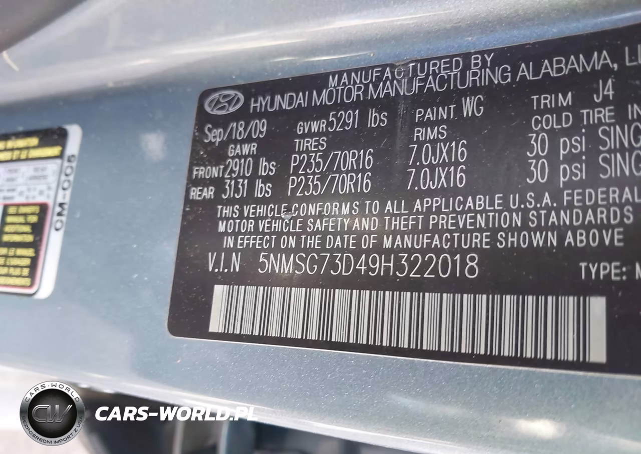 2009 Hyundai Santa Fe Gls VIN:5NMSG73D49H322018 - 9