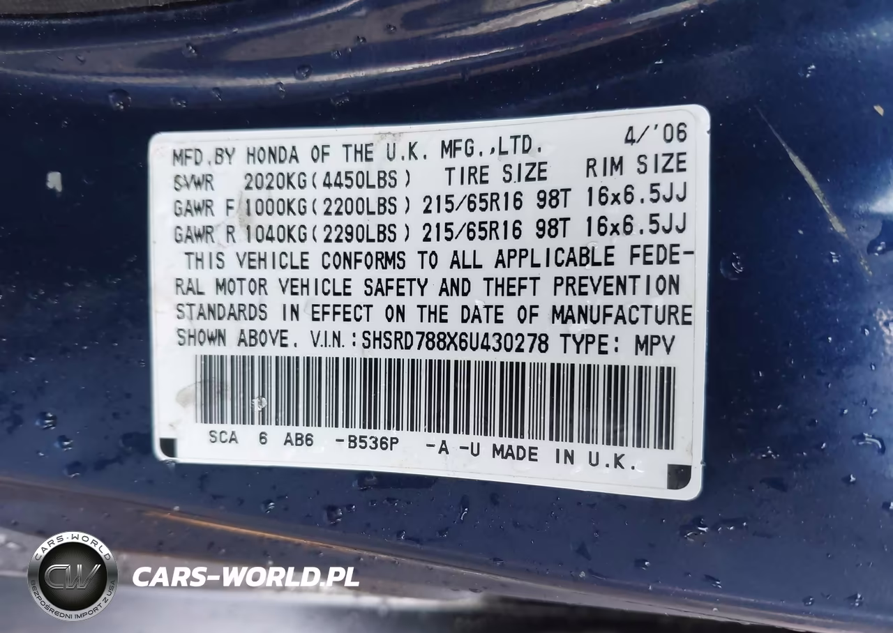 2006 Honda Cr-V Ex VIN:SHSRD788X6U430278 - 9