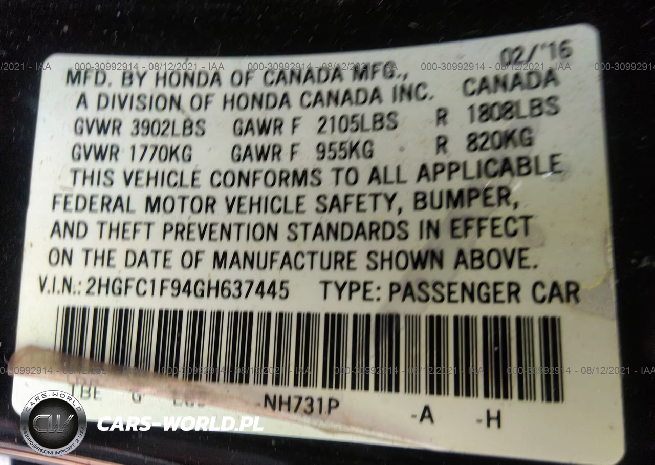 2016 Honda Civic Touring VIN:2HGFC1F94GH637445 - 9