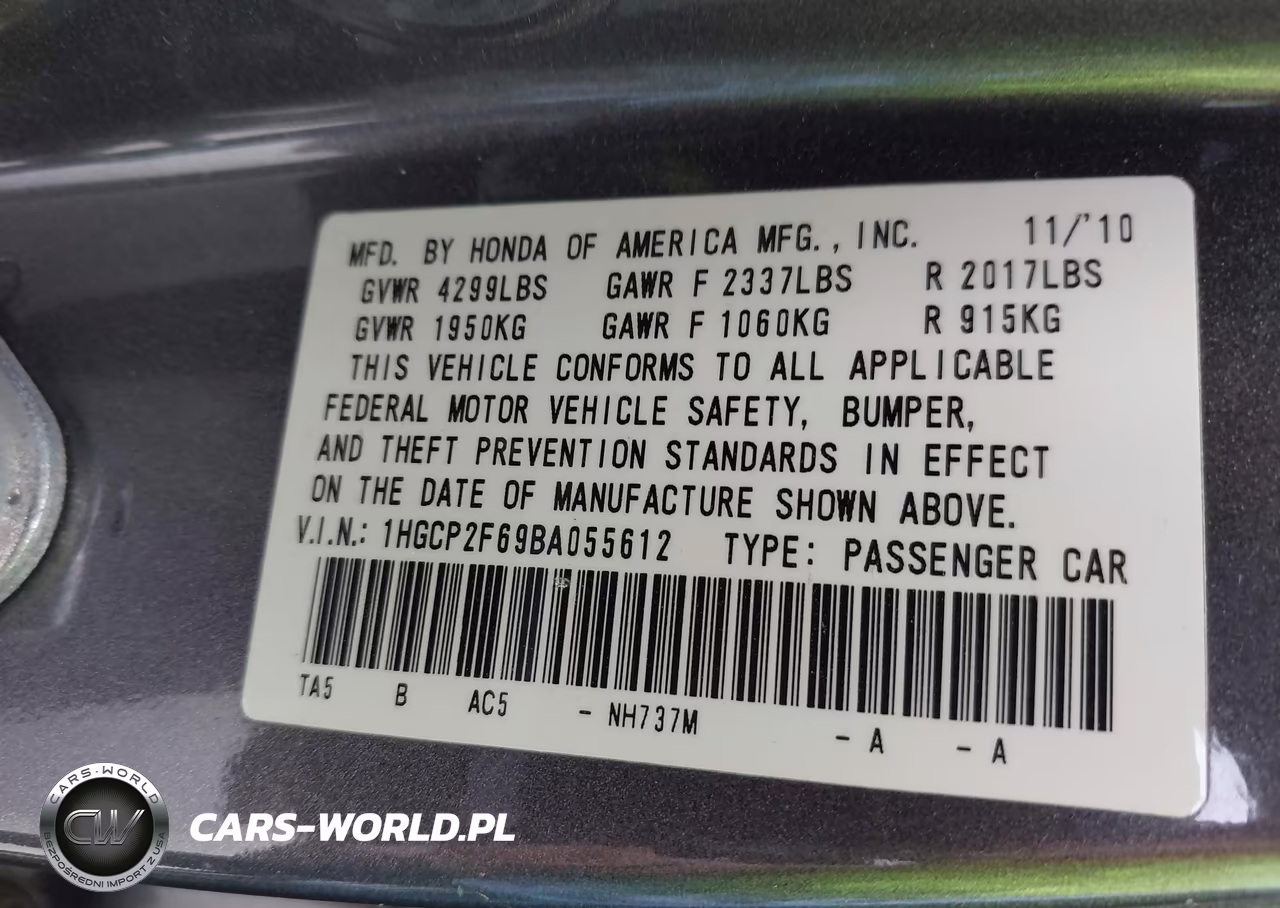 HONDA ACCORD VIN:1HGCP2F69BA055612 - 9