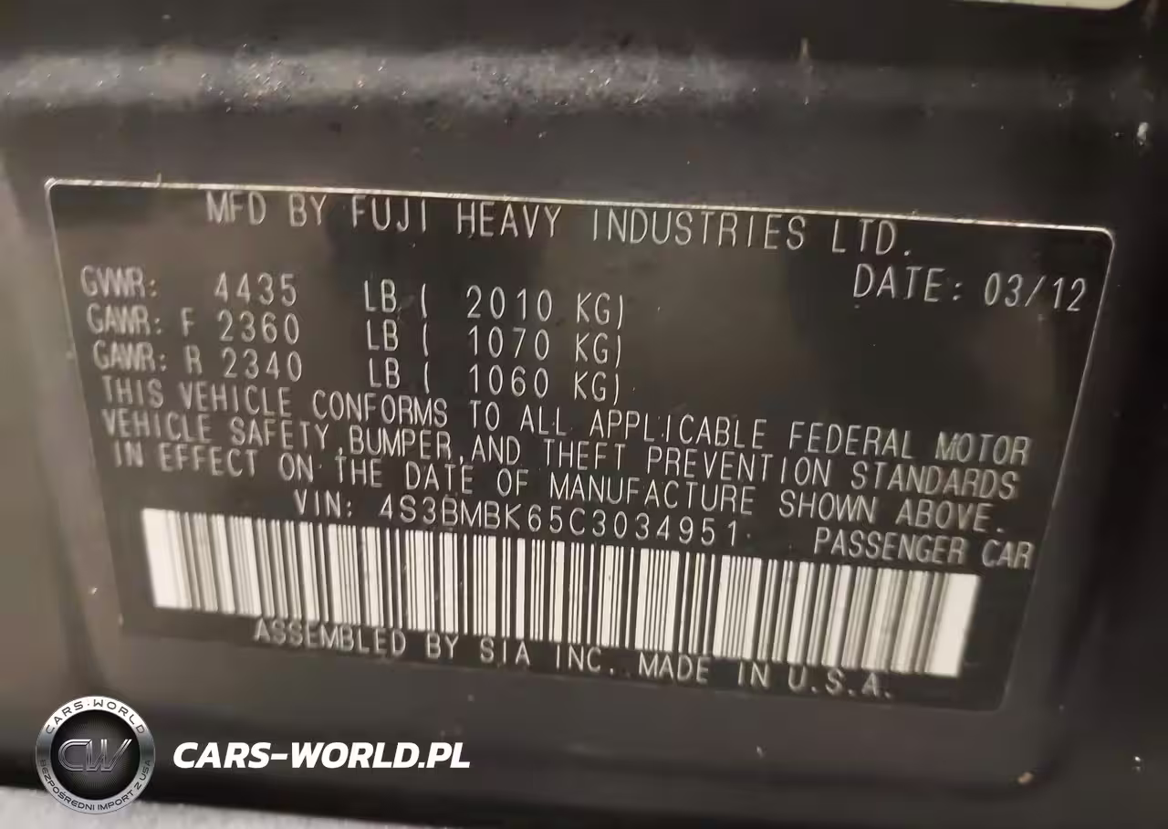 SUBARU LEGACY VIN:4S3BMBK65C3034951 - 9