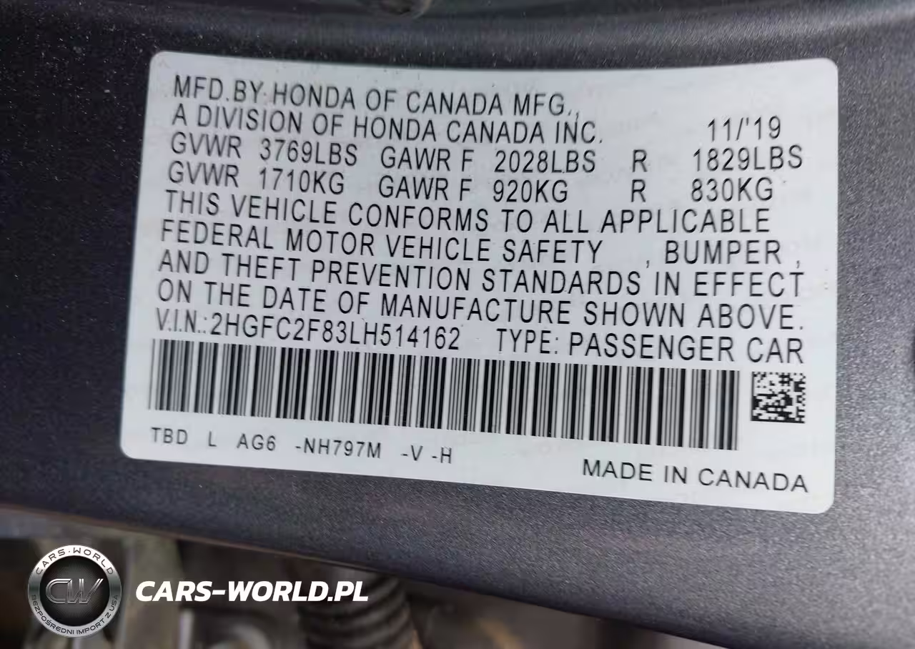 2020 Honda Civic Sport VIN:2HGFC2F83LH514162 - 9