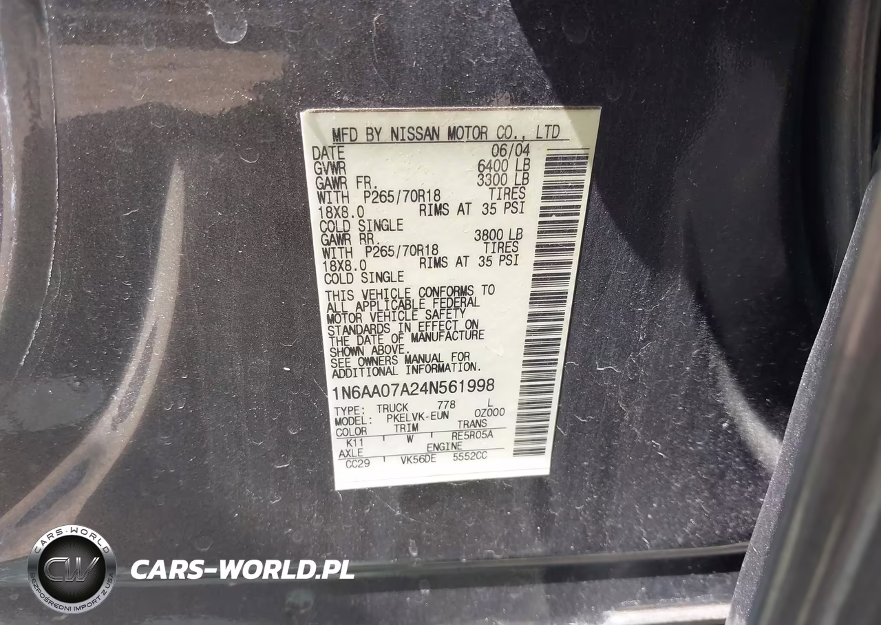 2004 Nissan Titan Le VIN:1N6AA07A24N561998 - 9