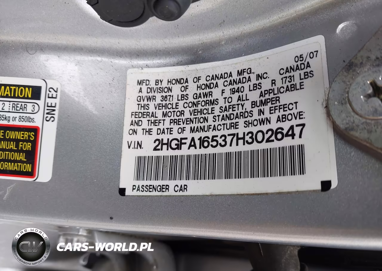 2007 Honda Civic Lx VIN:2HGFA16537H302647 - 9