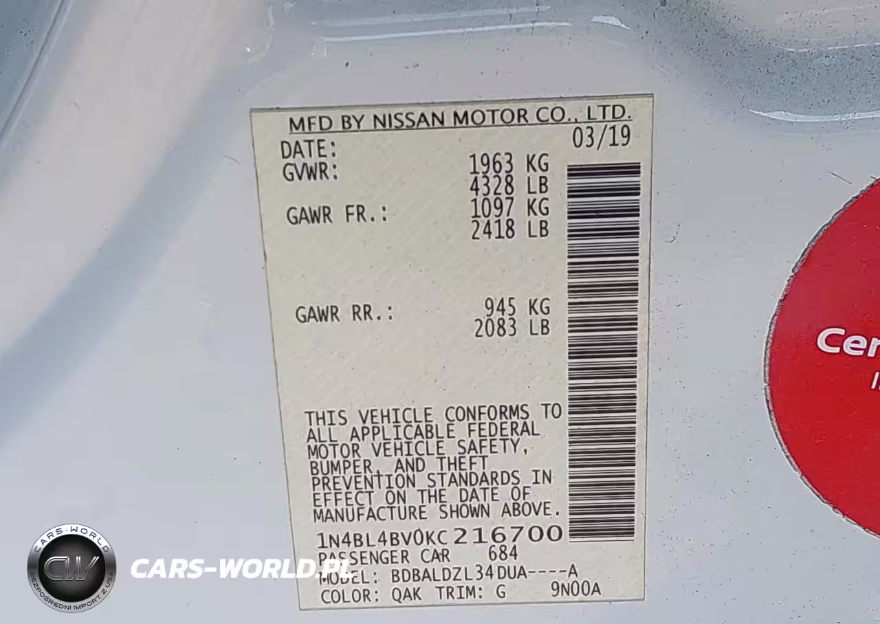 2019 Nissan Altima 2.5 S VIN:1N4BL4BV0KC216700 - 9