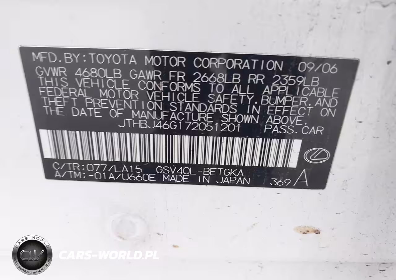 2007 LEXUS ES 350 VIN:JTHBJ46G172051201 - 9