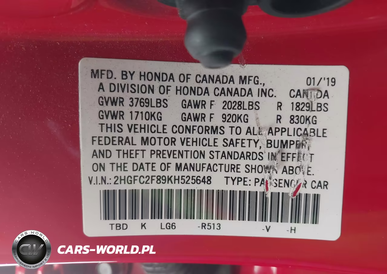 2019 Honda Civic Sport VIN:2HGFC2F89KH525648 - 9