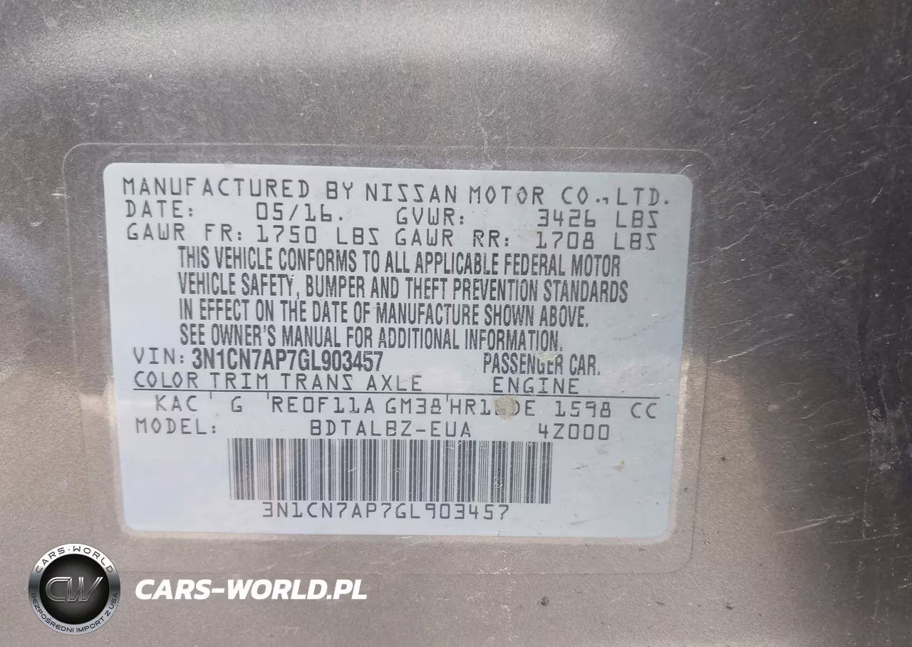 2016 Nissan Versa 1.6 S-1.6 S+-1.6 Sl-1.6 Sv VIN:3N1CN7AP7GL903457 - 9