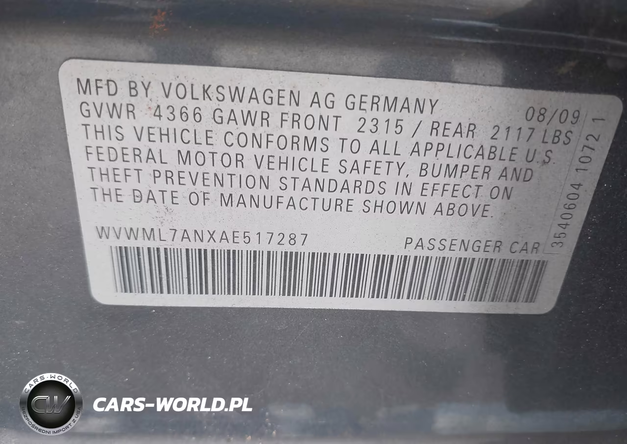 2010 Volkswagen Cc Sport VIN:WVWML7ANXAE517287 - 9