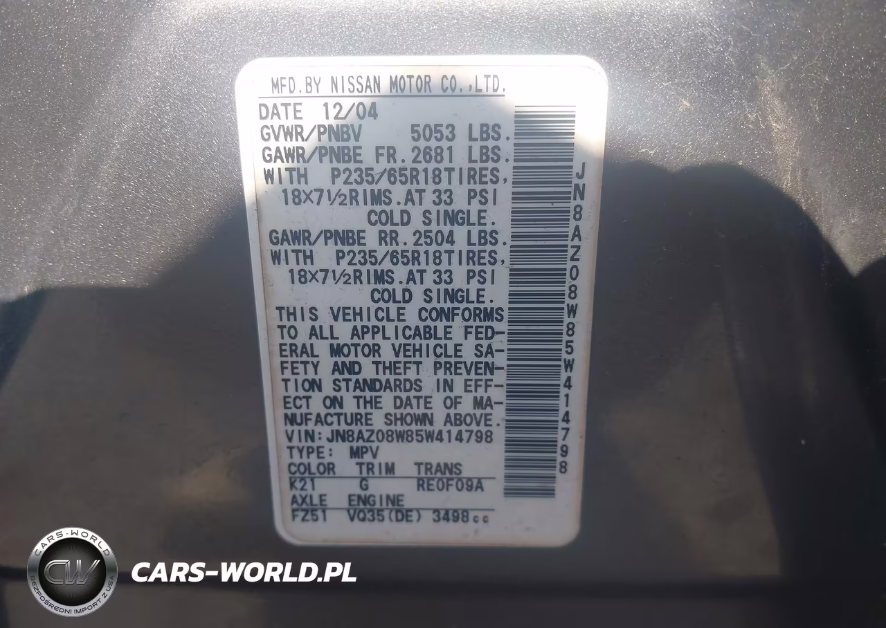 2005 Nissan Murano Sl VIN:JN8AZ08W85W414798 - 9
