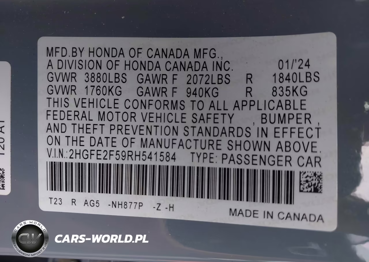 2024 Honda Civic Sport VIN:2HGFE2F59RH541584 - 9