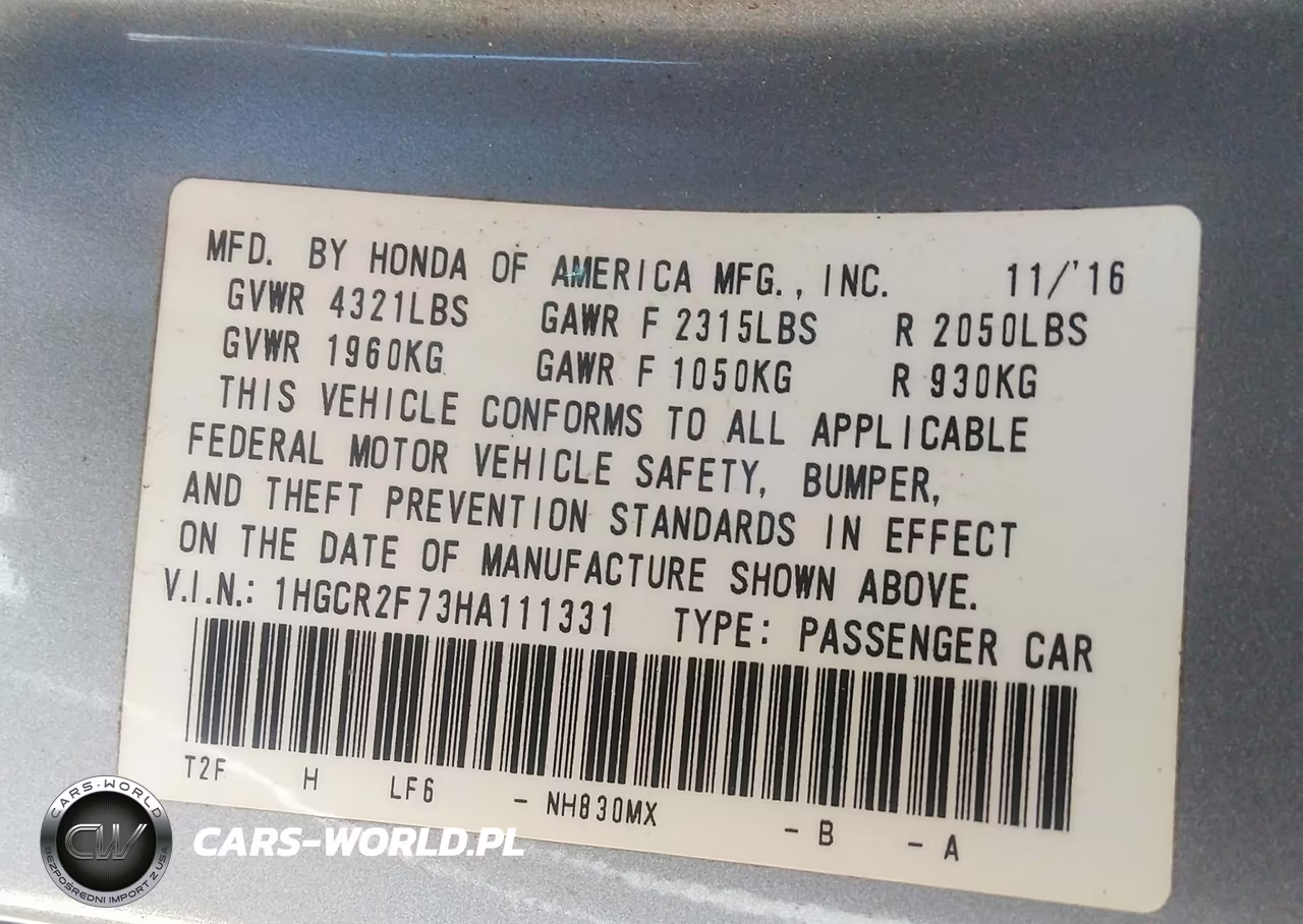2017 Honda Accord Ex VIN:1HGCR2F73HA111331 - 9