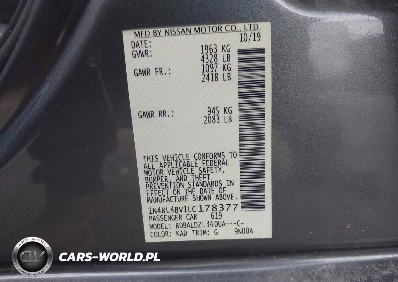 2020 Nissan Altima S Fwd VIN:1N4BL4BV1LC178377 - 9