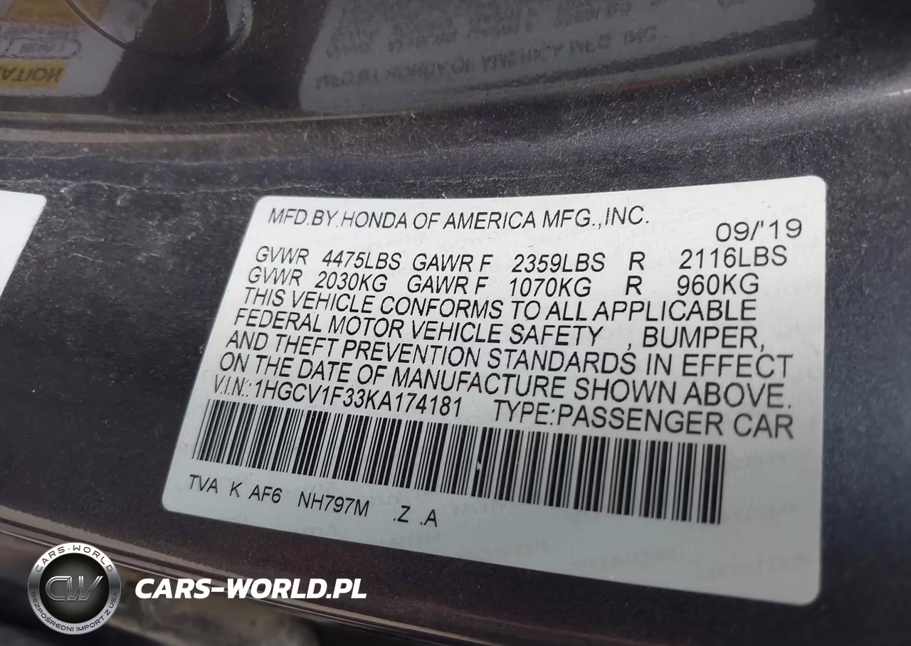 2019 Honda Accord Sport VIN:1HGCV1F33KA174181 - 9