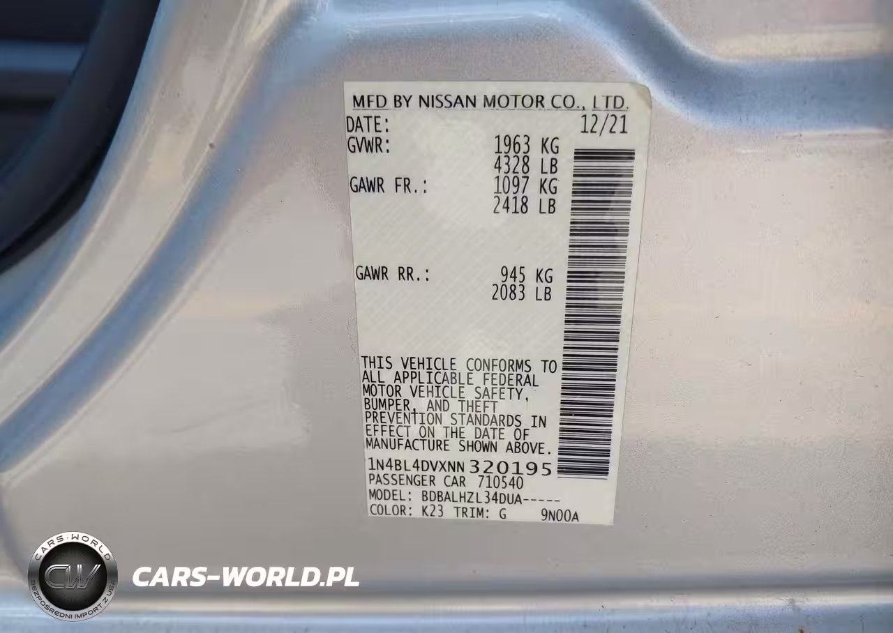 2022 Nissan Altima Sv Fwd VIN:1N4BL4DVXNN320195 - 9
