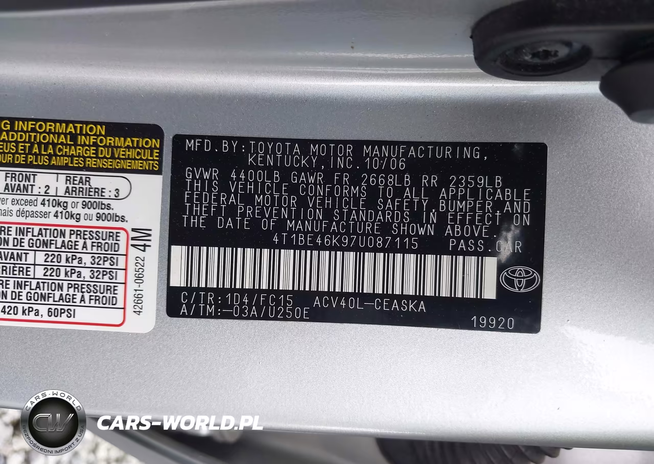 2007 Toyota Camry Se VIN:4T1BE46K97U087115 - 9
