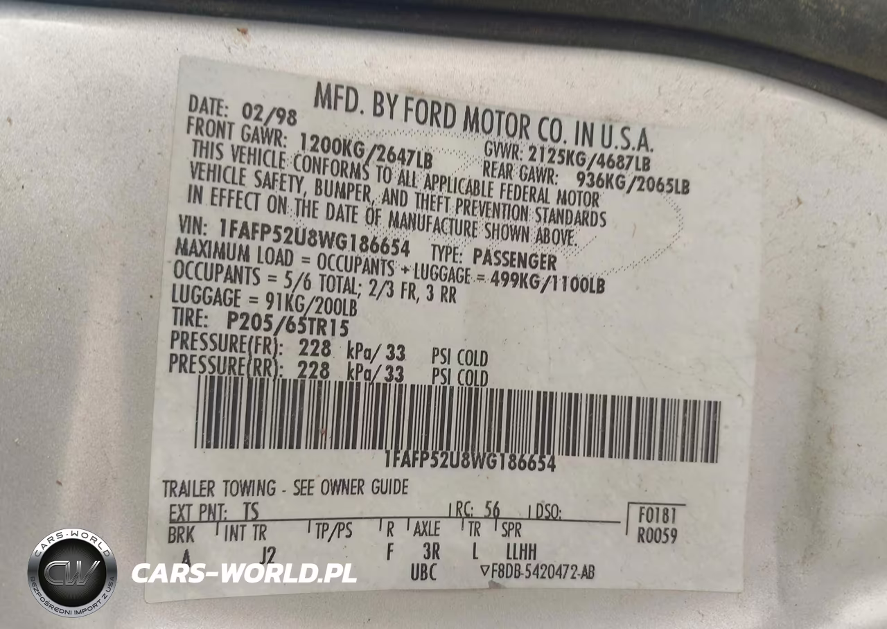 1998 Ford Taurus Lx-Se VIN:1FAFP52U8WG186654 - 9