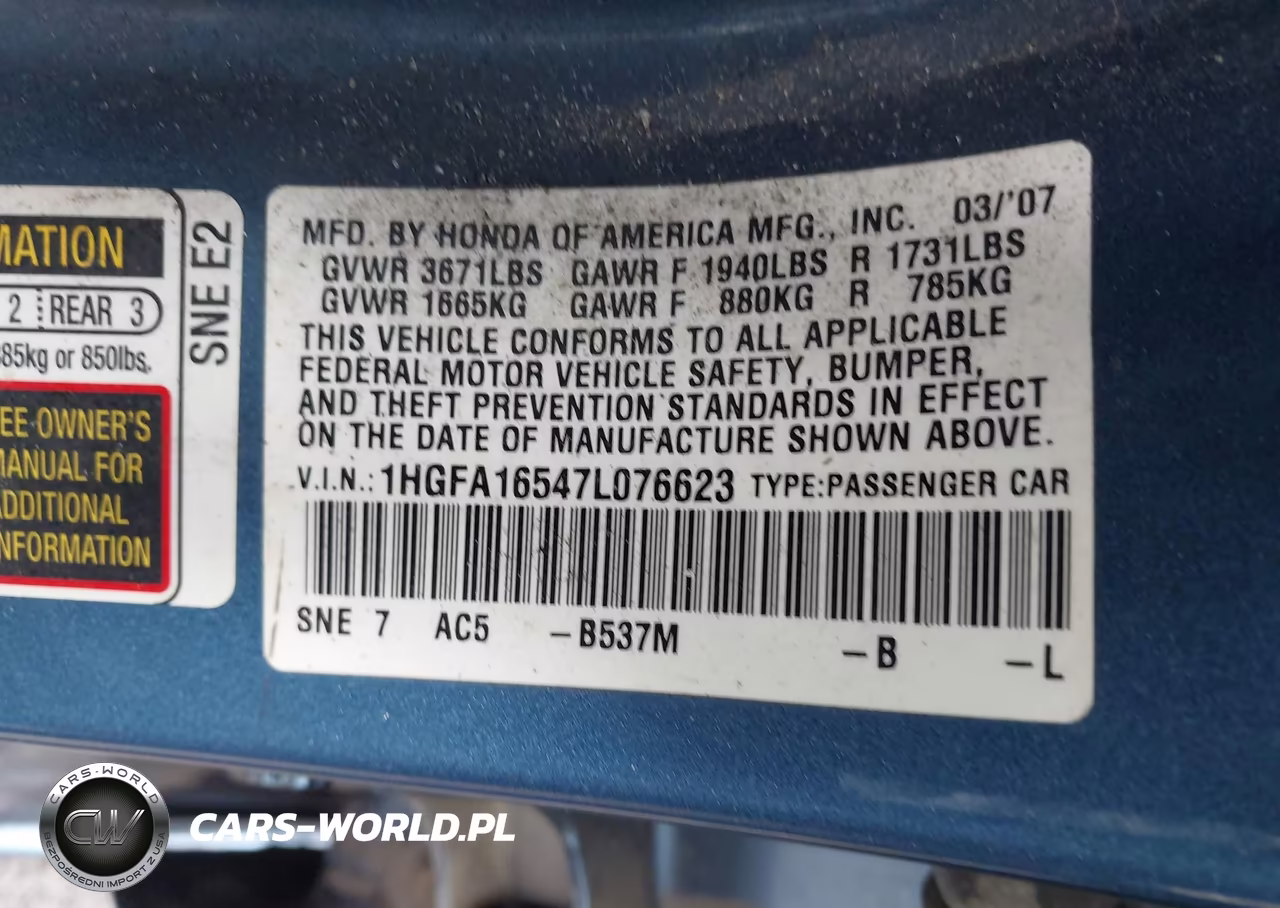 2007 Honda Civic Lx VIN:1HGFA16547L076623 - 9