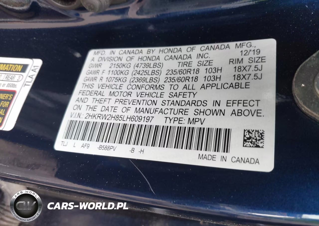 2020 Honda Cr-V Awd Ex-L VIN:2HKRW2H85LH609197 - 9