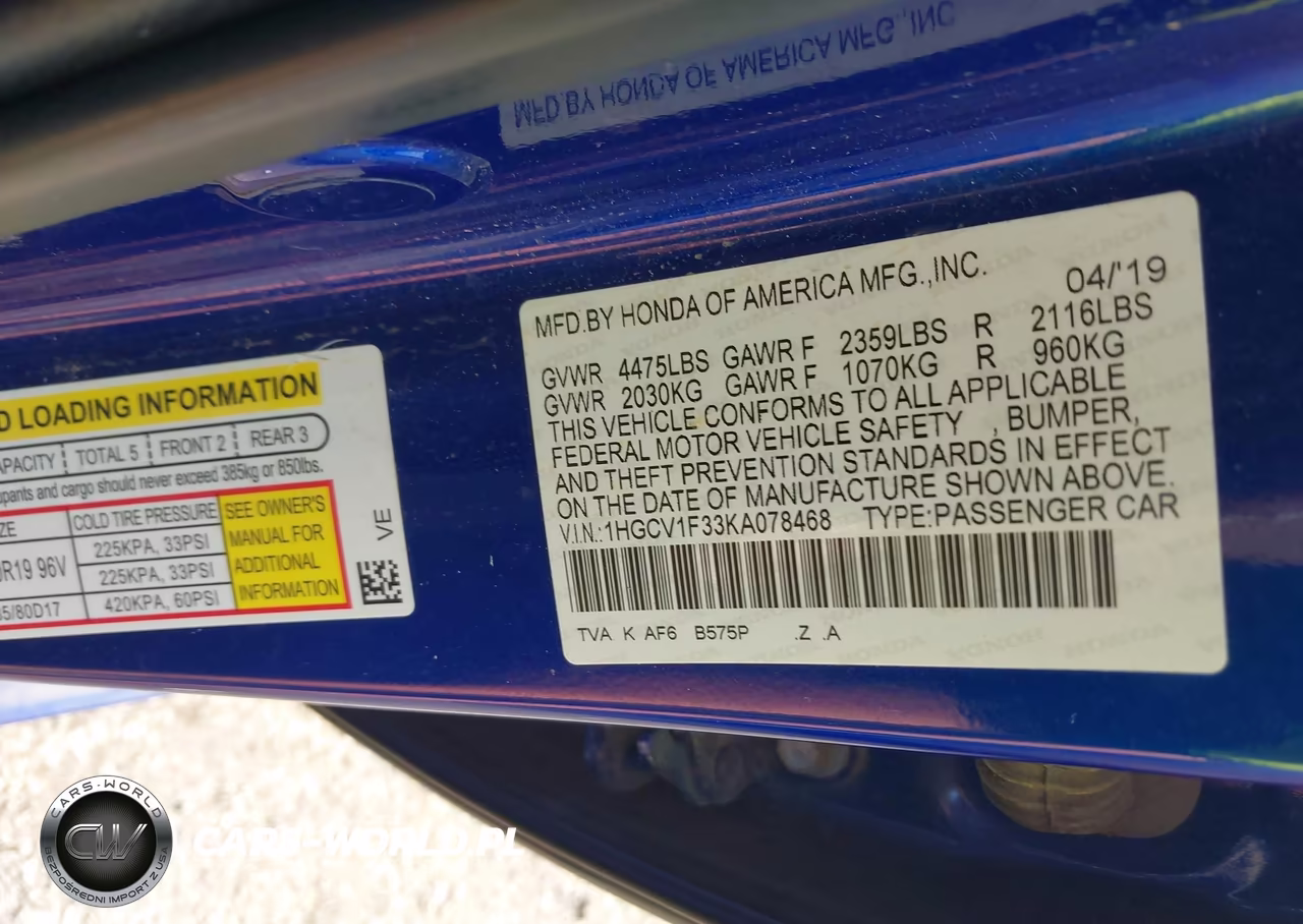 2019 Honda Accord Sport VIN:1HGCV1F33KA078468 - 9