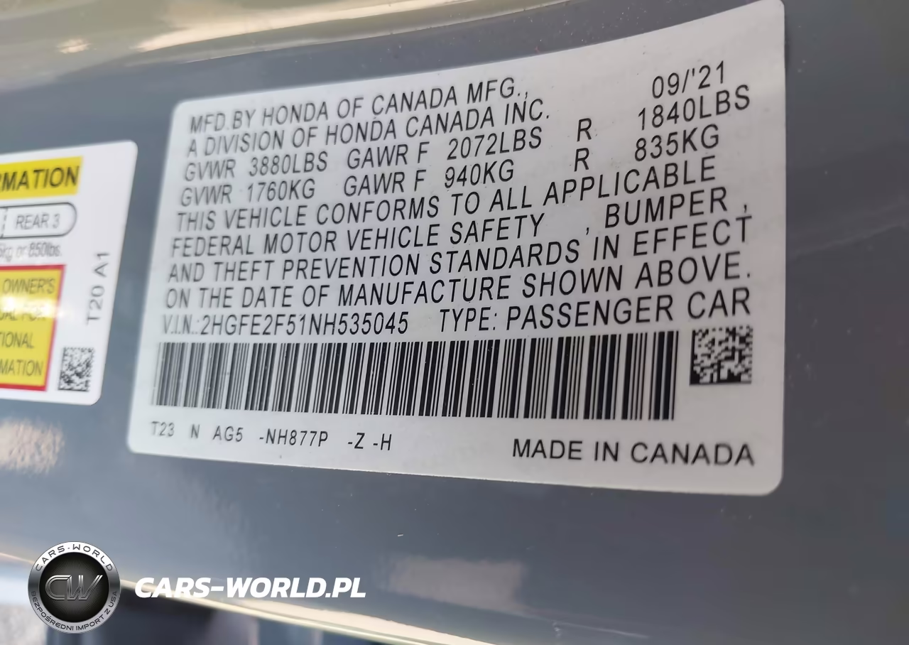 2022 Honda Civic Sport VIN:2HGFE2F51NH535045 - 9