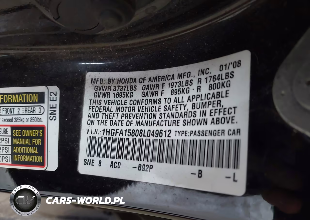 2008 Honda Civic Ex VIN:1HGFA15808L049612 - 9