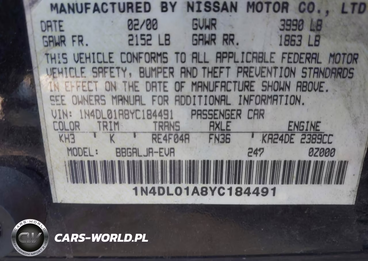 2000 Nissan Altima Gle-Gxe-Se VIN:1N4DL01A8YC184491 - 9