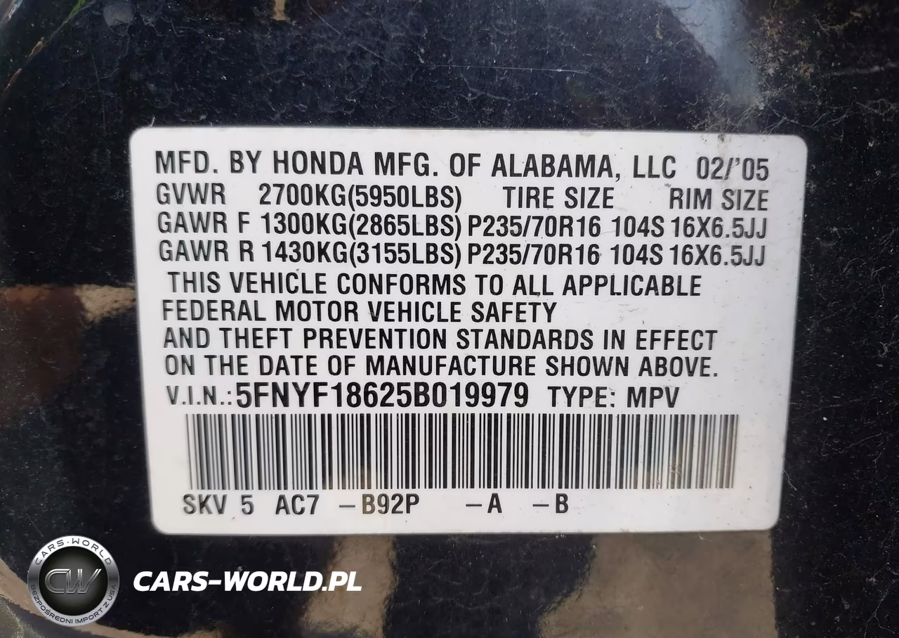 2005 Honda Pilot Ex-L VIN:5FNYF18625B019979 - 9