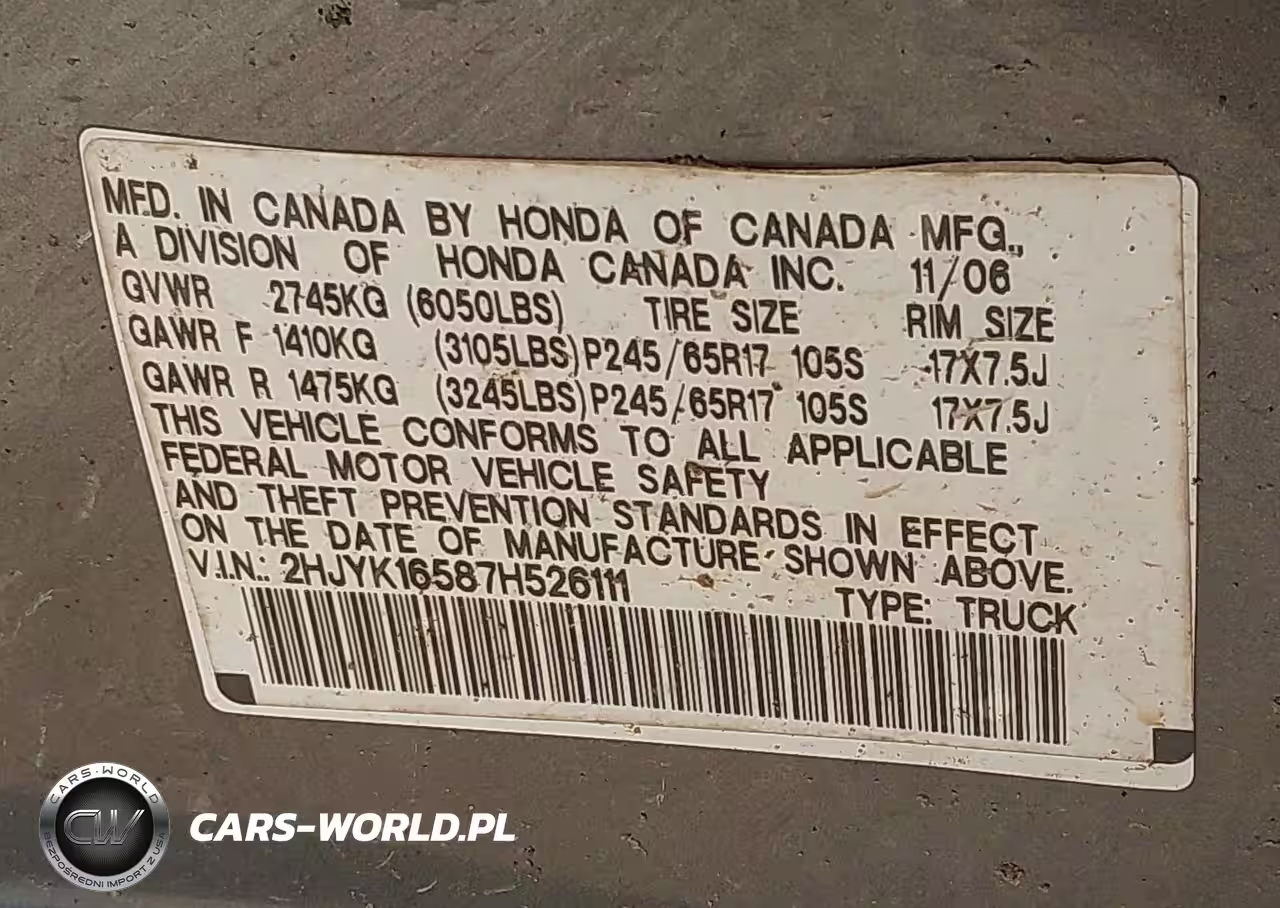 2007 Honda Ridgeline Rtl VIN:2HJYK16587H526111 - 9