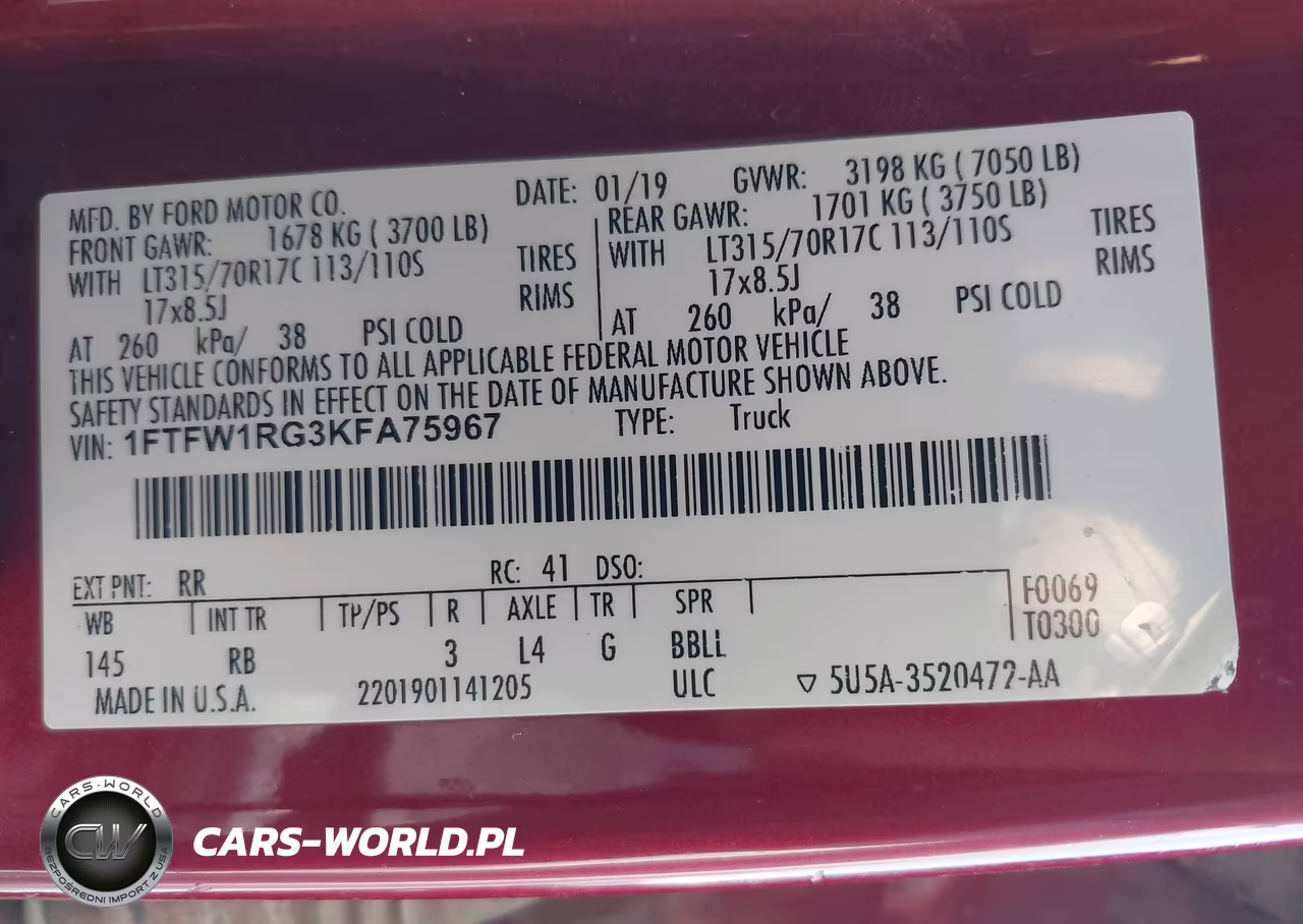 2019 Ford F-150 Raptor VIN:1FTFW1RG3KFA75967 - 9