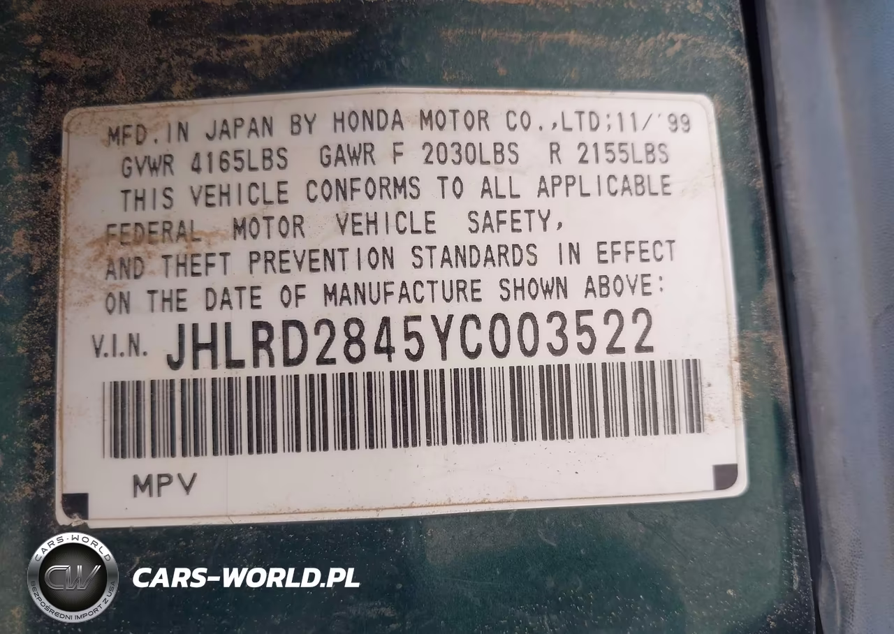 2000 Honda Cr-V Lx VIN:JHLRD2845YC003522 - 9