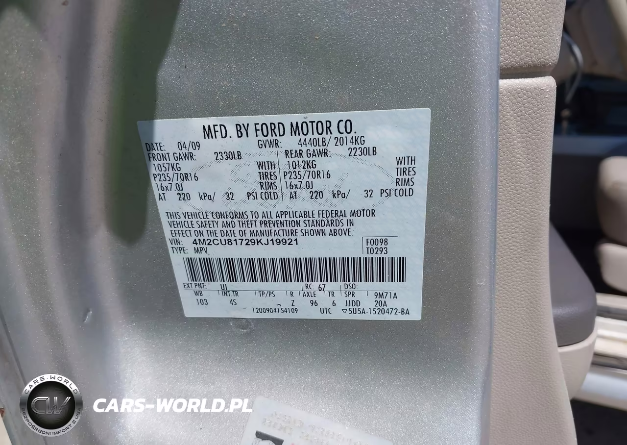 2009 Mercury Mariner I4 VIN:4M2CU81729KJ19921 - 9