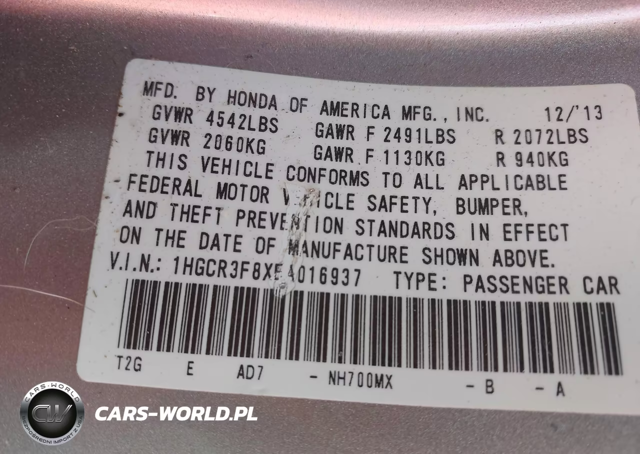 2014 Honda Accord Ex-L V-6 VIN:1HGCR3F8XEA016937 - 9