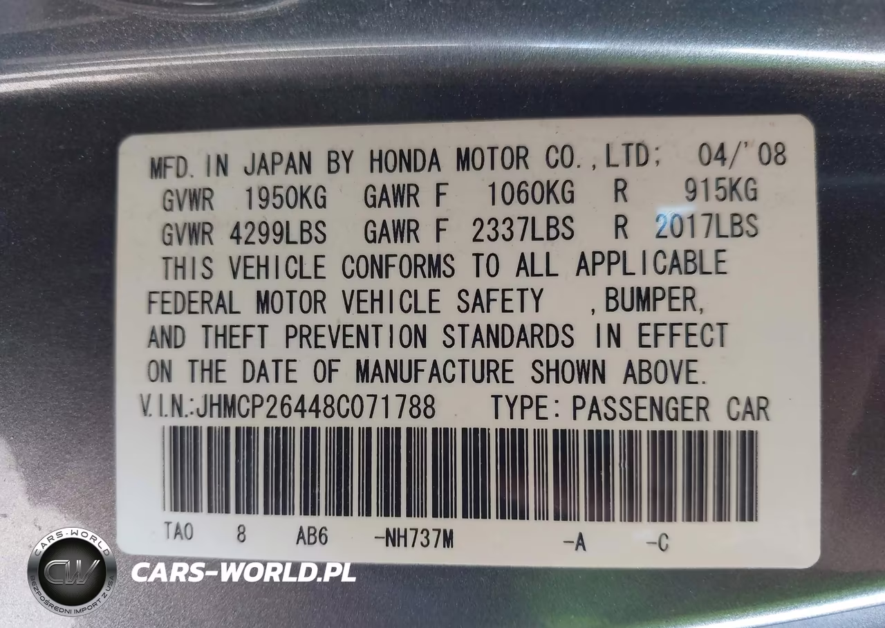 2008 Honda Accord 2.4 Lx-P VIN:JHMCP26448C071788 - 9