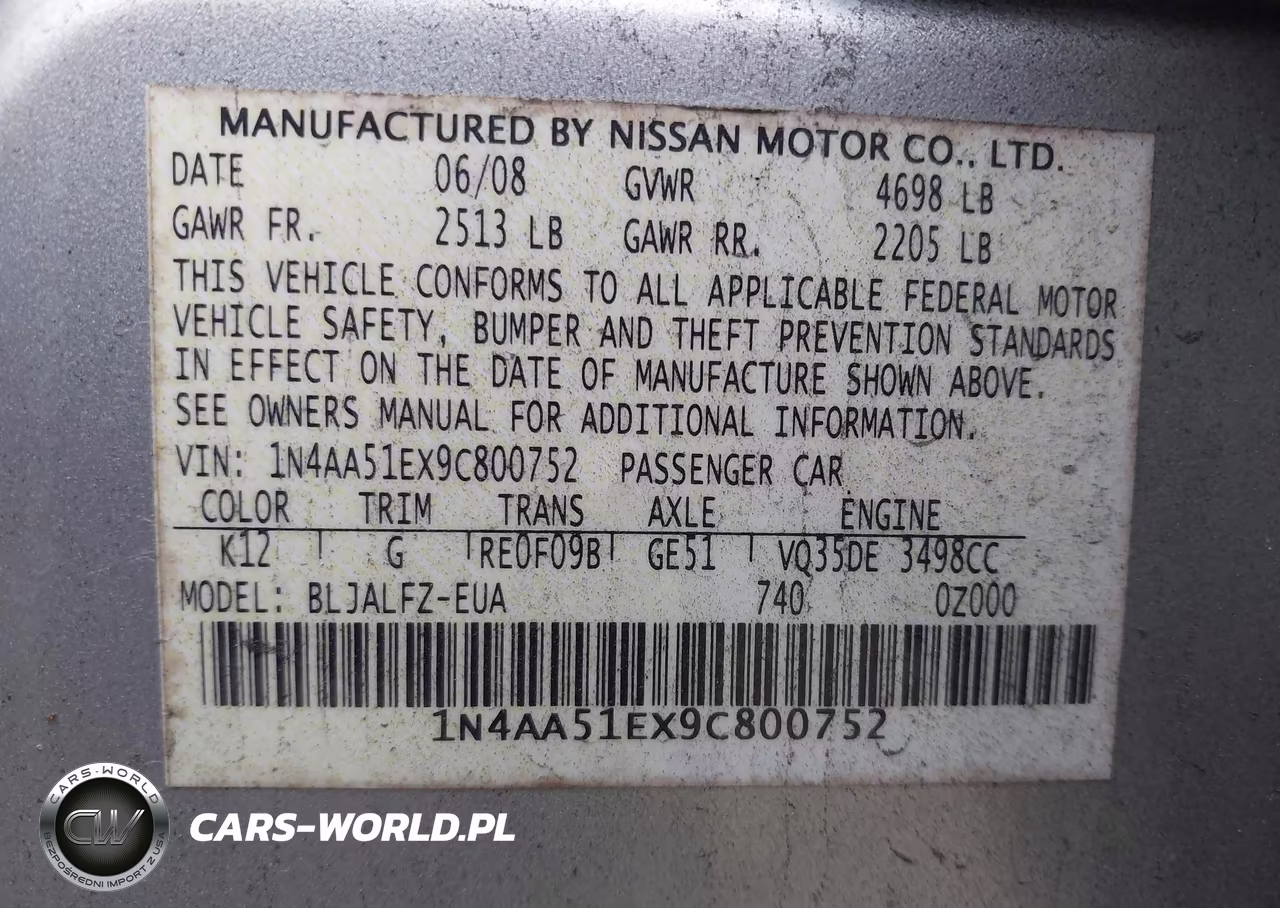 NISSAN MAXIMA VIN:1N4AA51EX9C800752 - 9