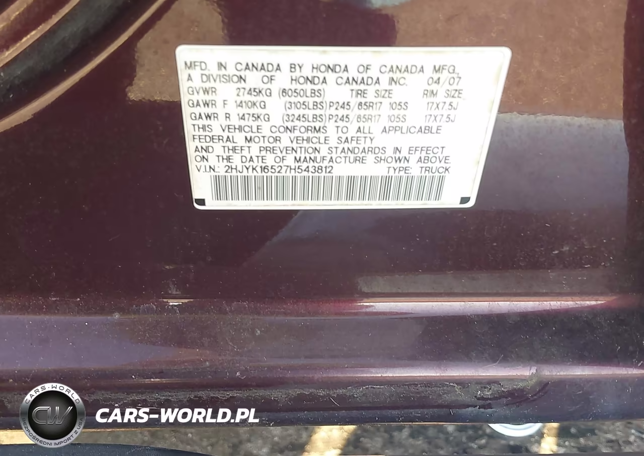 2007 Honda Ridgeline Rtl VIN:2HJYK16527H543812 - 9