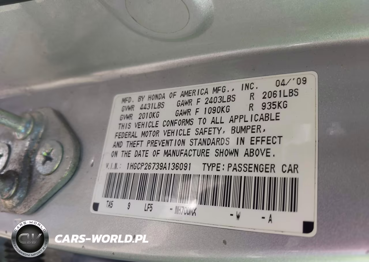 2009 Honda Accord 2.4 Ex VIN:1HGCP26739A136091 - 9