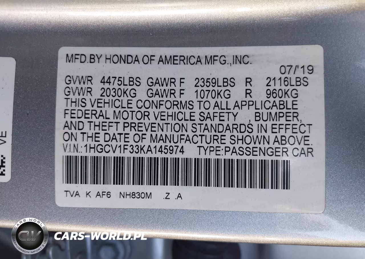 2019 Honda Accord Sport VIN:1HGCV1F33KA145974 - 9