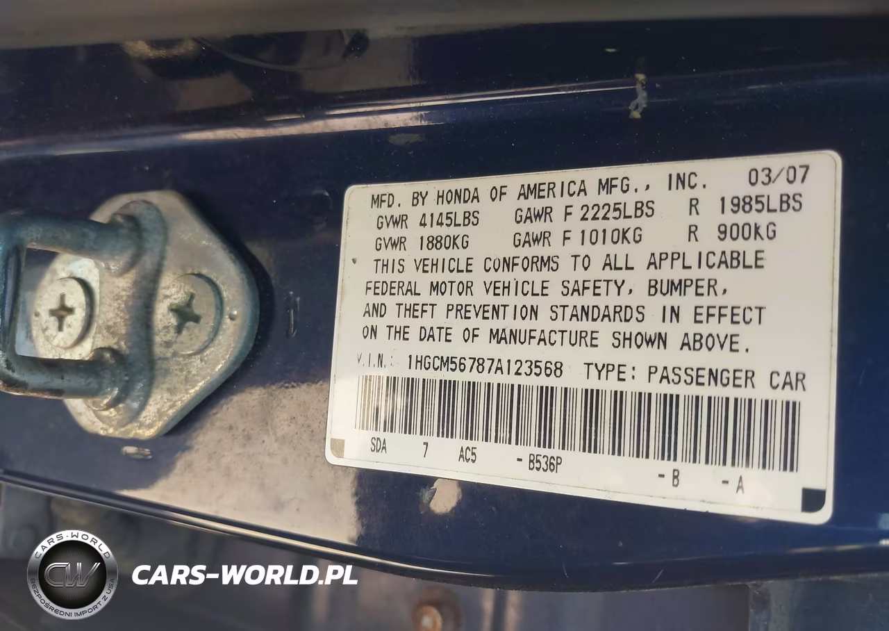 2007 Honda Accord 2.4 Ex VIN:1HGCM56787A123568 - 9