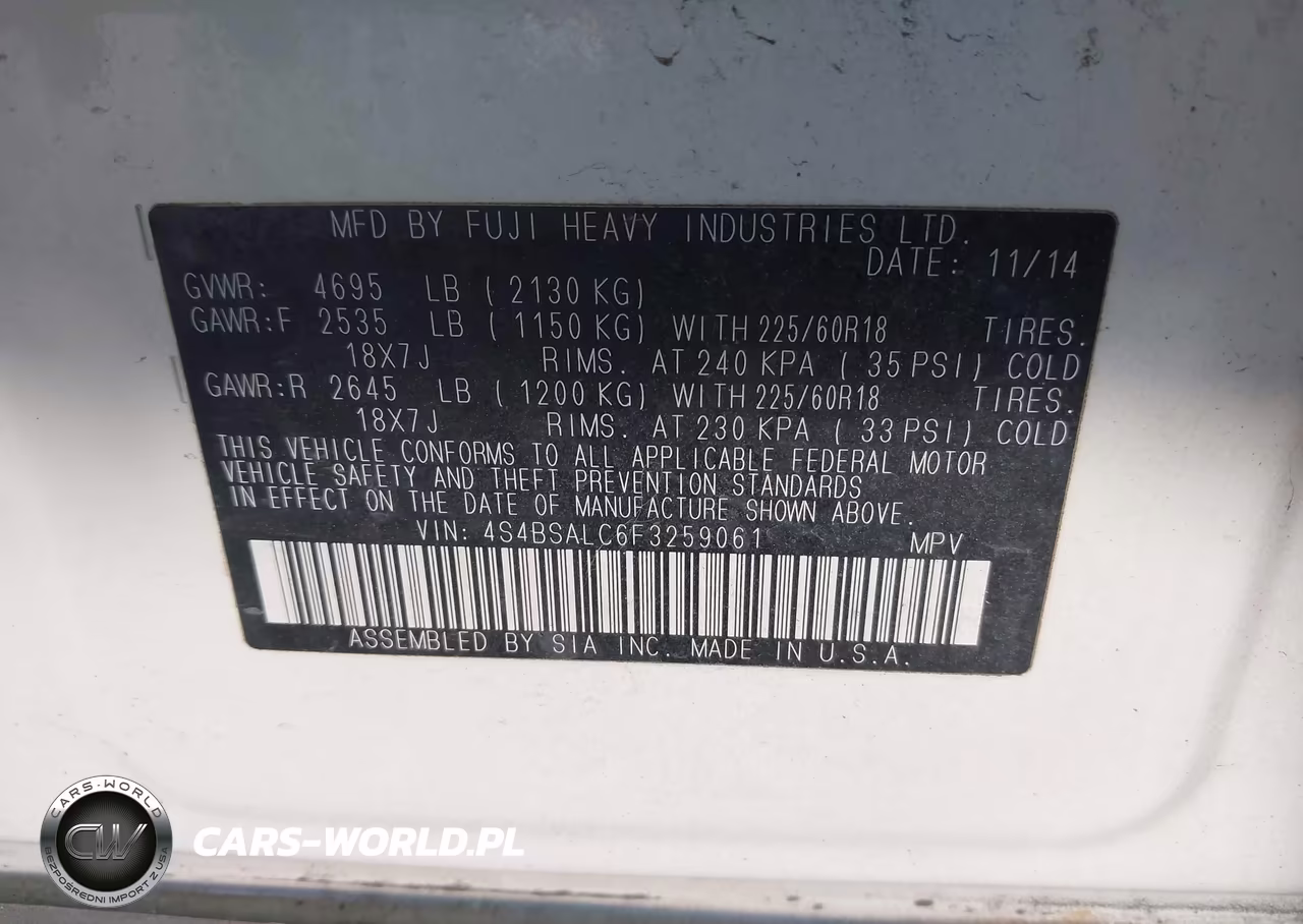 2015 Subaru Outback 2.5I Limited VIN:4S4BSALC6F3259061 - 9