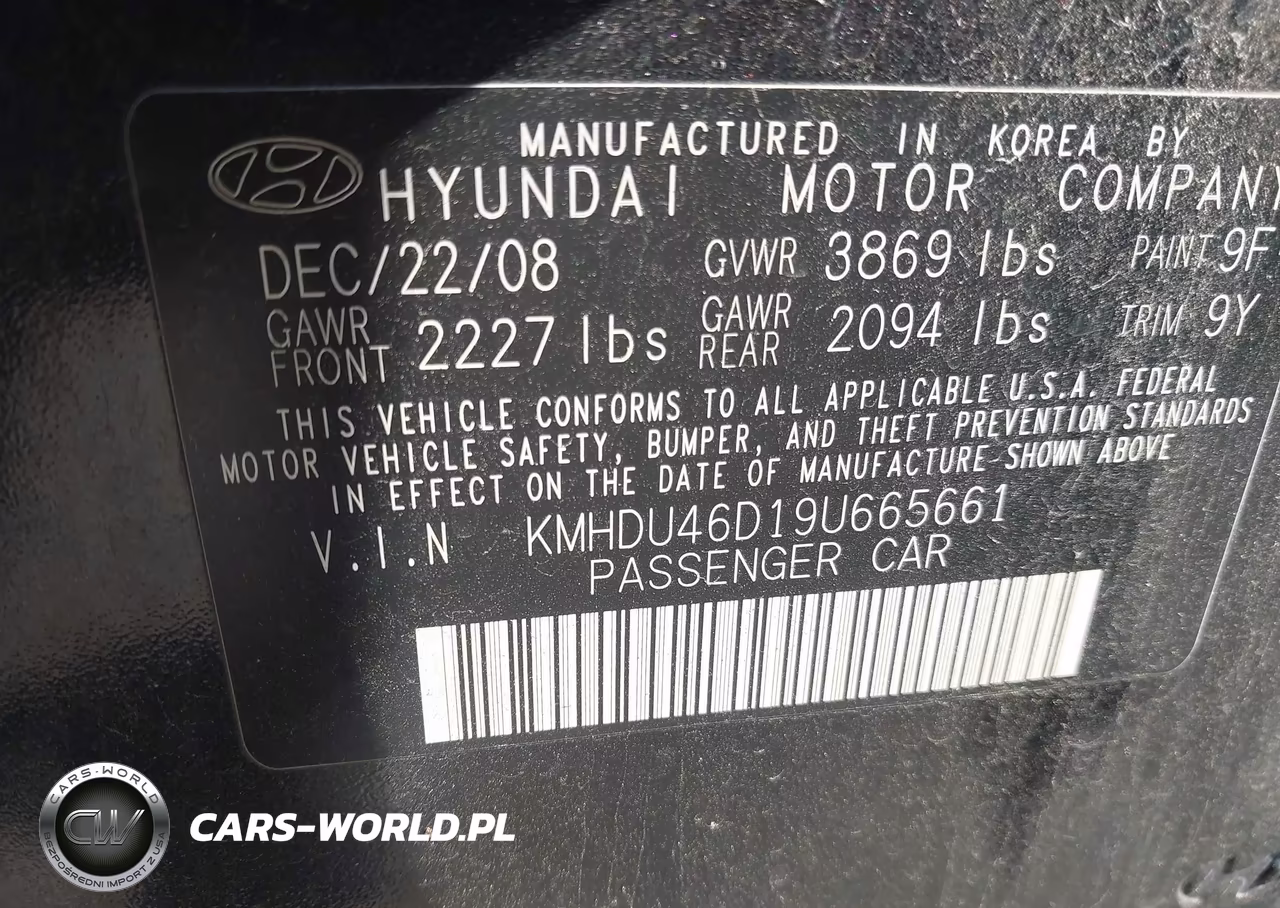 2009 Hyundai Elantra Gls VIN:KMHDU46D19U665661 - 9