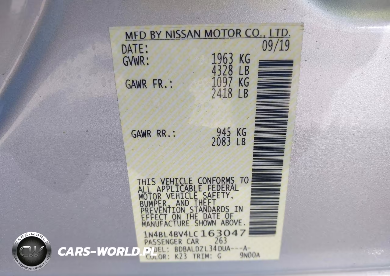 2020 Nissan Altima S Fwd VIN:1N4BL4BV4LC163047 - 9